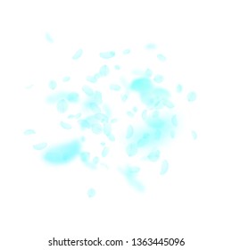 Turquoise flower petals falling down. Flawless romantic flowers explosion. Flying petal on white square background. Love, romance concept. Attractive wedding invitation.