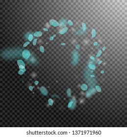 Turquoise flower petals falling down. Trending romantic flowers frame. Flying petal on transparent square background. Love, romance concept. Bewitching wedding invitation.