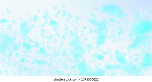 Turquoise flower petals falling down. Popular romantic flowers gradient. Flying petal on blue sky wide background. Love, romance concept. Divine wedding invitation.