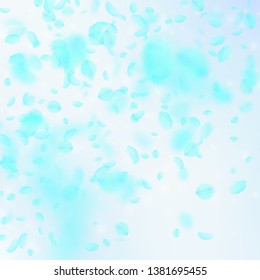 Turquoise flower petals falling down. Adorable romantic flowers gradient. Flying petal on blue sky square background. Love, romance concept. Comely wedding invitation.