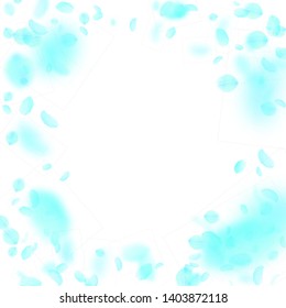Turquoise flower petals falling down. Noteworthy romantic flowers vignette. Flying petal on white square background. Love, romance concept. Cute wedding invitation.