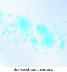 Turquoise flower petals falling down. Magnificent romantic flowers falling rain. Flying petal on blue sky square background. Love, romance concept. Awesome wedding invitation.