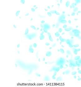 Turquoise flower petals falling down. Decent romantic flowers gradient. Flying petal on white square background. Love, romance concept. Breathtaking wedding invitation.