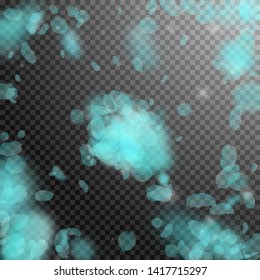 Turquoise flower petals falling down. Original romantic flowers explosion. Flying petal on transparent square background. Love, romance concept. Appealing wedding invitation.
