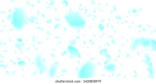 Turquoise flower petals falling down. Popular romantic flowers falling rain. Flying petal on white wide background. Love, romance concept. Delightful wedding invitation.