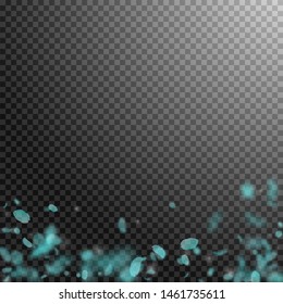 Turquoise flower petals falling down. Adorable romantic flowers gradient. Flying petal on transparent square background. Love, romance concept. Classy wedding invitation.