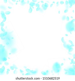 Turquoise flower petals falling down. Imaginative romantic flowers frame. Flying petal on white square background. Love, romance concept. Bizarre wedding invitation.