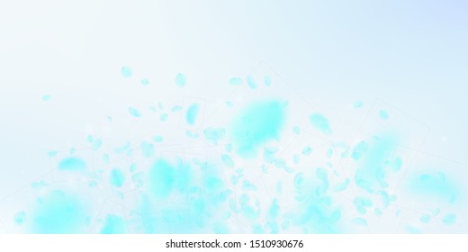 Turquoise flower petals falling down. Bewitching romantic flowers explosion. Flying petal on blue sky wide background. Love, romance concept. Delicate wedding invitation.