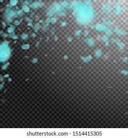 Turquoise flower petals falling down. Charming romantic flowers falling rain. Flying petal on transparent square background. Love, romance concept. Beauteous wedding invitation.