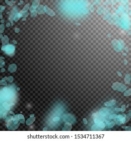 Turquoise flower petals falling down. Optimal romantic flowers vignette. Flying petal on transparent square background.  