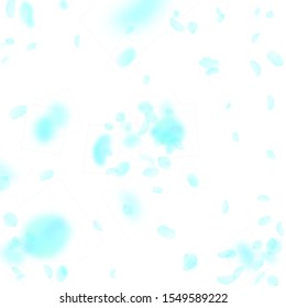 Turquoise flower petals falling down. Interesting romantic flowers explosion. Flying petal on white square background. Love, romance concept. Appealing wedding invitation.