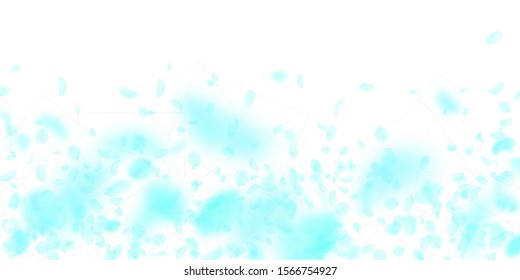 Turquoise flower petals falling down. Emotional romantic flowers falling rain. Flying petal on white wide background. Love, romance concept. Delightful wedding invitation.
