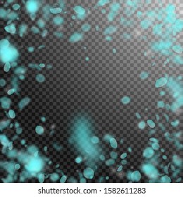 Turquoise flower petals falling down. Fancy romantic flowers vignette. Flying petal on transparent square background. Love, romance concept. Dazzling wedding invitation.