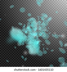 Turquoise flower petals falling down. Favorable romantic flowers explosion. Flying petal on transparent square background. Love, romance concept. Astonishing wedding invitation.