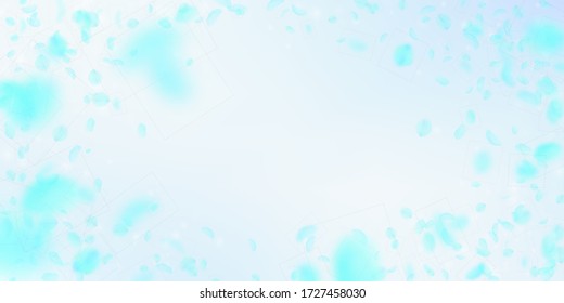 Turquoise flower petals falling down. Majestic romantic flowers vignette. Flying petal on blue sky wide background. Love, romance concept. Dramatic wedding invitation.
