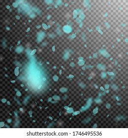 Turquoise flower petals falling down. Tempting romantic flowers falling rain. Flying petal on transparent square background. Love, romance concept. Beautiful wedding invitation.
