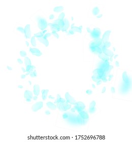 Pétalos de flores turquesa cayendo. La romántica y extraordinaria viñeta de flores. Pétalo volando sobre fondo cuadrado blanco. Amor, concepto romántico. Curiosa invitación a la boda.