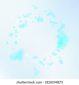 Pétalos de flores turquesa cayendo. Gran morena romántica. Pétalo volando sobre fondo azul de la plaza del cielo. Amor, concepto romántico. Curiosa invitación a la boda.