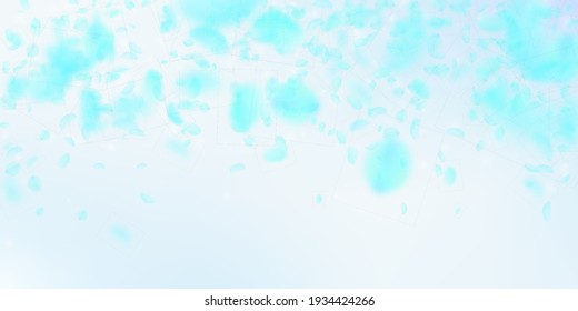 Turquoise flower petals falling down. Juicy romantic flowers falling rain. Flying petal on blue sky wide background. Love, romance concept. Delicate wedding invitation.