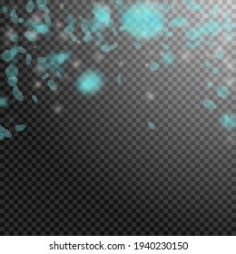 Turquoise flower petals falling down. Magnetic romantic flowers falling rain. Flying petal on transparent square background. Love, romance concept. Authentic wedding invitation.