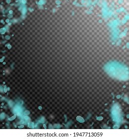 Turquoise flower petals falling down. Grand romantic flowers vignette. Flying petal on transparent square background. Love, romance concept. Creative wedding invitation.