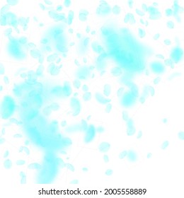 Turquoise flower petals falling down. Posh romantic flowers gradient. Flying petal on white square background. Love, romance concept. Classy wedding invitation.