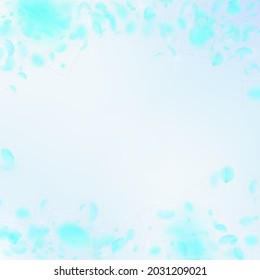 Turquoise flower petals falling down. Popular romantic flowers falling rain. Flying petal on blue sky square background. Love, romance concept. Beauteous wedding invitation.