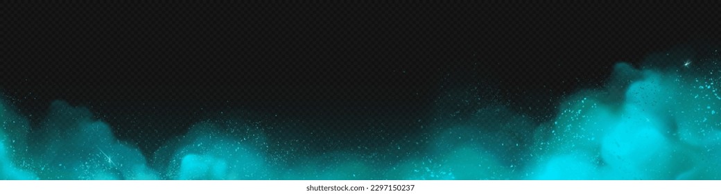 Turquoise fog cloud or steam vector background. Abstract mist and smoke texture with magic dust. Realistic vapor and powder explosion illustration. Isolated hookah frame and toxic air overlay.
