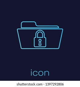 Turquoise Folder and lock line icon isolated on blue background. Closed folder and padlock. Security, safety, protection concept. Vector Illustration