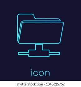 Turquoise FTP folder line icon isolated on blue background. Concept of software update, ftp transfer protocol, router, teamwork tool management, copy process, info. Vector Illustration