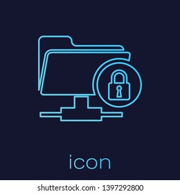 Turquoise FTP folder and lock line icon isolated on blue background. Concept of software update, ftp transfer protocol. Security, safety, protection concept. Vector Illustration