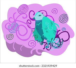 A turquoise funky bird on a fantasy vintage background. This cartoon illustration can be used as a logotype for bird's, zoo, singing, creative companies, as a print for t-shirts. Vector, isolated.