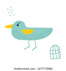 Türkisfarbener und lustiger Vogel.Flat-handgezeichnete Vektorillustration-Illustration.Funny und süßer Charakter