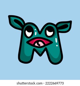 turquoise funny letter M in the form of a monster with a face with ears and a tongue with teeth, perplexed indignant playful and surprised frightened, with shadow and highlights, doodle