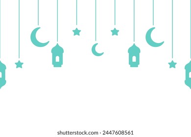 Turquoise garland for Ramadan. Crescent, star, lantern and Moroccan candlesticks. Seamless horizontal vector border. Hanging purple decoration on threads of different lengths. Isolated background. 