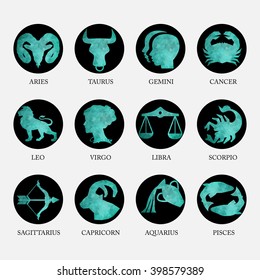 Turquoise geometric polygon zodiac signs and icons
