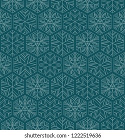 Turquoise geometric snowflakes winter seamless pattern
