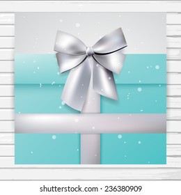 Turquoise gift square card with silver bow and ribbon, vector bright illustration