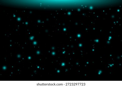 Polvo brillante de color turquesa que cae de una nube turquesa sobre un fondo negro. Partículas de luz abstractas mágicas.