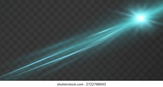Turquoise glowing star at the top emitting a long radiant beam across the illustration with multiple light rays in different shades. Vector light effect on a dark checkered background.
