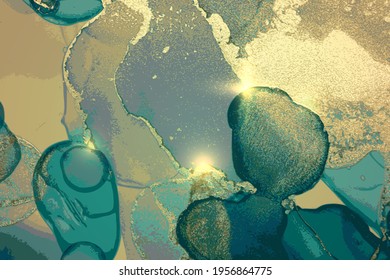 Turquoise and gold abstract background. Alcohol ink marble texture with glitter. Template pattern for banner, poster design. Fluid art painting