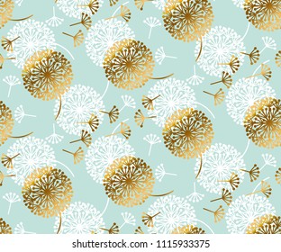 Turquoise and gold abstract dandelion flower seamless pattern for background, wrapping paper, fabric, surface design. stock vector illustration in fancy tender style.