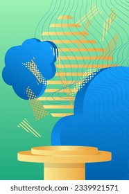 Turquoise, Gold and blue stage showcase. Vector mockup product display for presentation.  Minimal geometric cylinder pedestal podium.