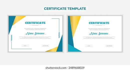 turquoise and gold Certificate of achievement template set with gold badge and border. Award diploma design blank.