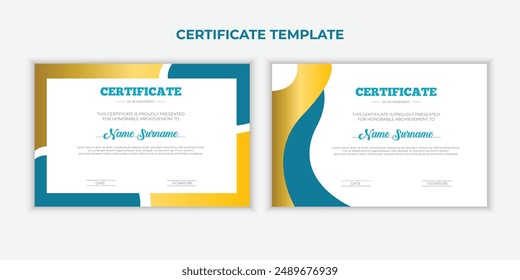turquoise and gold Certificate of achievement template set with gold badge and border. Award diploma design blank.