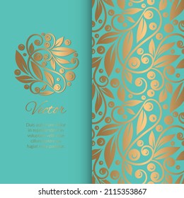 Turquoise and gold invitation card  with vector abstract pattern. Vintage ornament template. Can be used for background and wallpaper. Elegant and classic vector elements great for decoration.