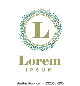 turquoise and gold, leaf wreath, monogram logo template