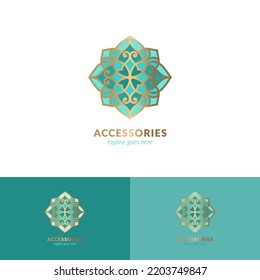 Turquoise and gold logo. Can be used for jewelry, beauty and fashion industry. Great for emblem, monogram, invitation, flyer, menu, brochure, background, or any desired idea.