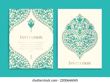 Turquoise and gold luxury invitation card design with vector ornament pattern. Vintage template. Can be used for background and wallpaper. Elegant and classic vector elements great for decoration.