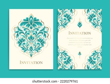 Turquoise and gold luxury invitation card design with vector ornament pattern. Vintage template. Can be used for background and wallpaper. Elegant and classic vector elements great for decoration.